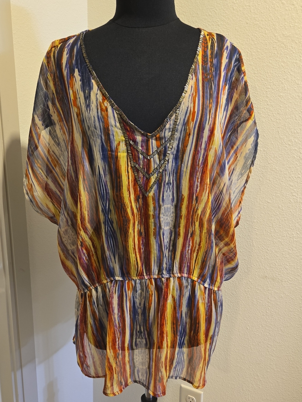 Lightweight Multicolor V-Neck Tunic with Beaded Trim